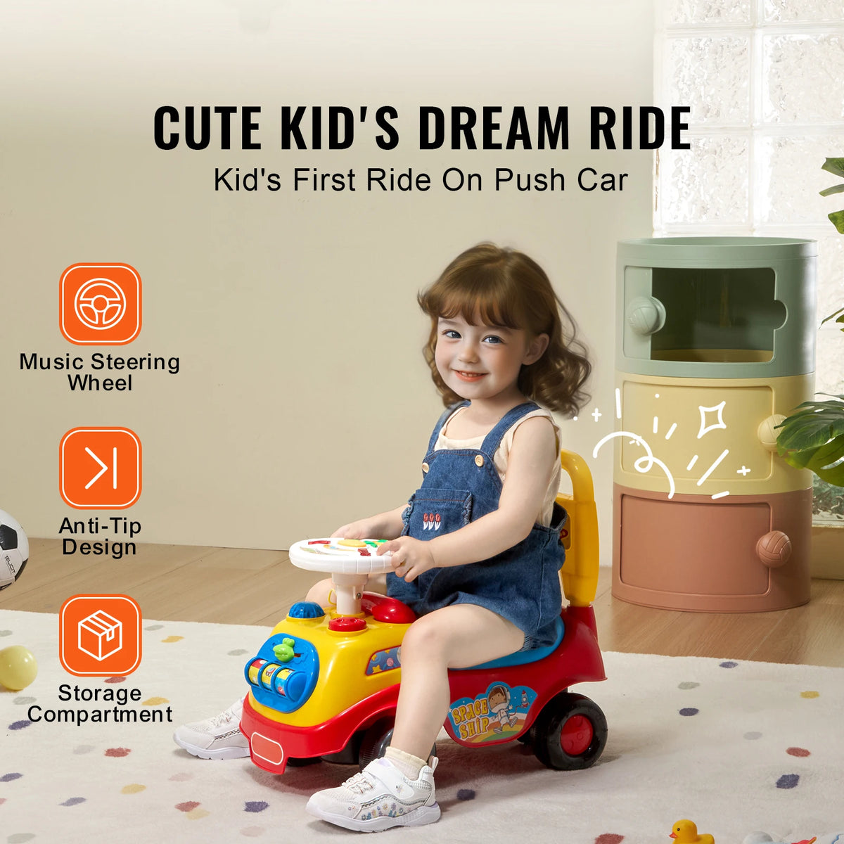 SucceBuy Toddler Ride On Push Car With Music And Storage
