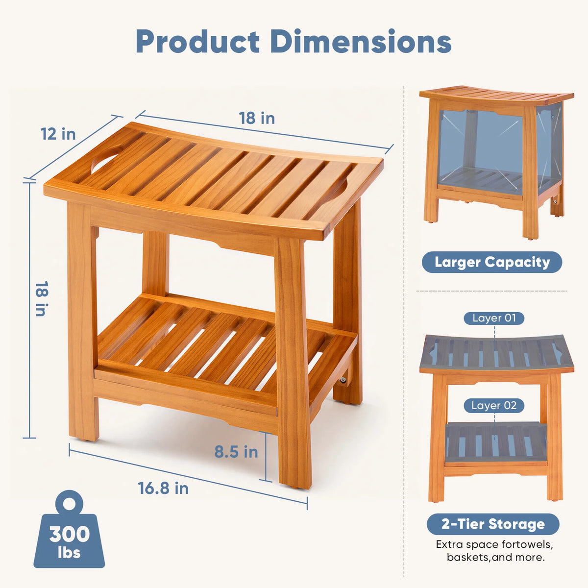 JHK Wooden Shower Bench With Storage Shelf And Handles
