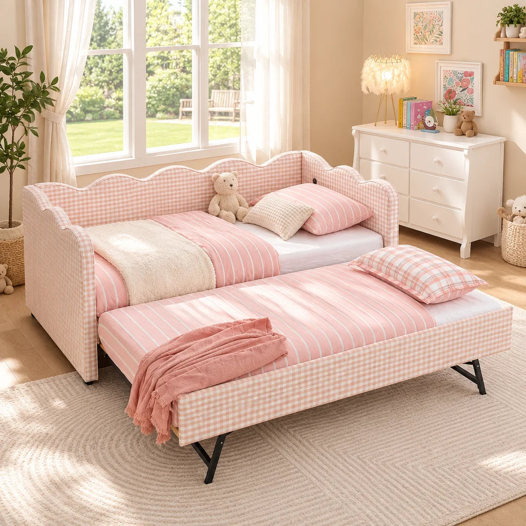 Upholstered Daybed With Pullout Trundle USB Charging Port