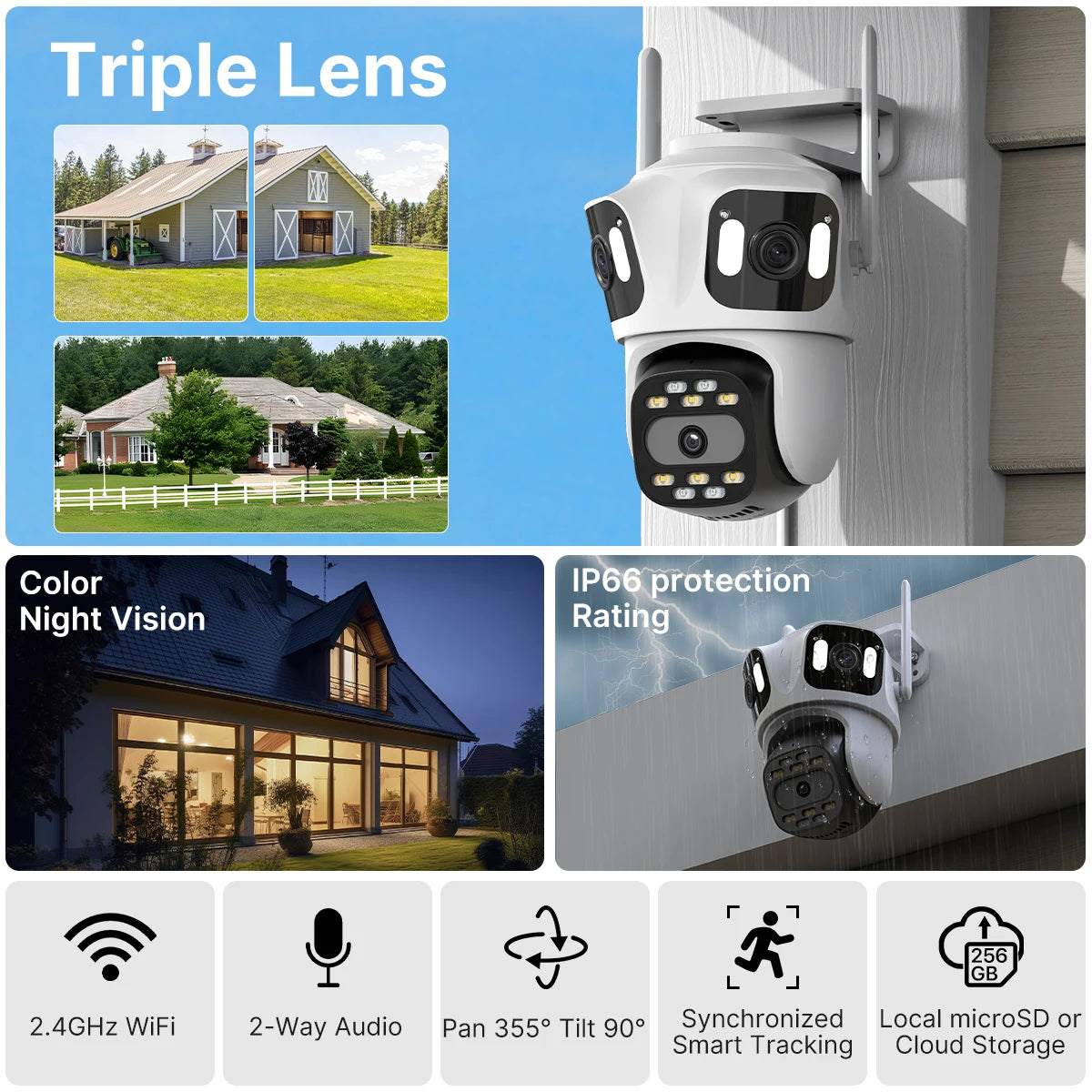 UDECER PTZ WiFi Security Camera With Three Lens Auto Tracking