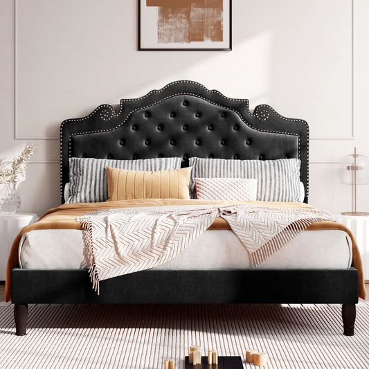 HOOMIC Velvet Tiara Platform Bed With Diamond Tufted Headboard