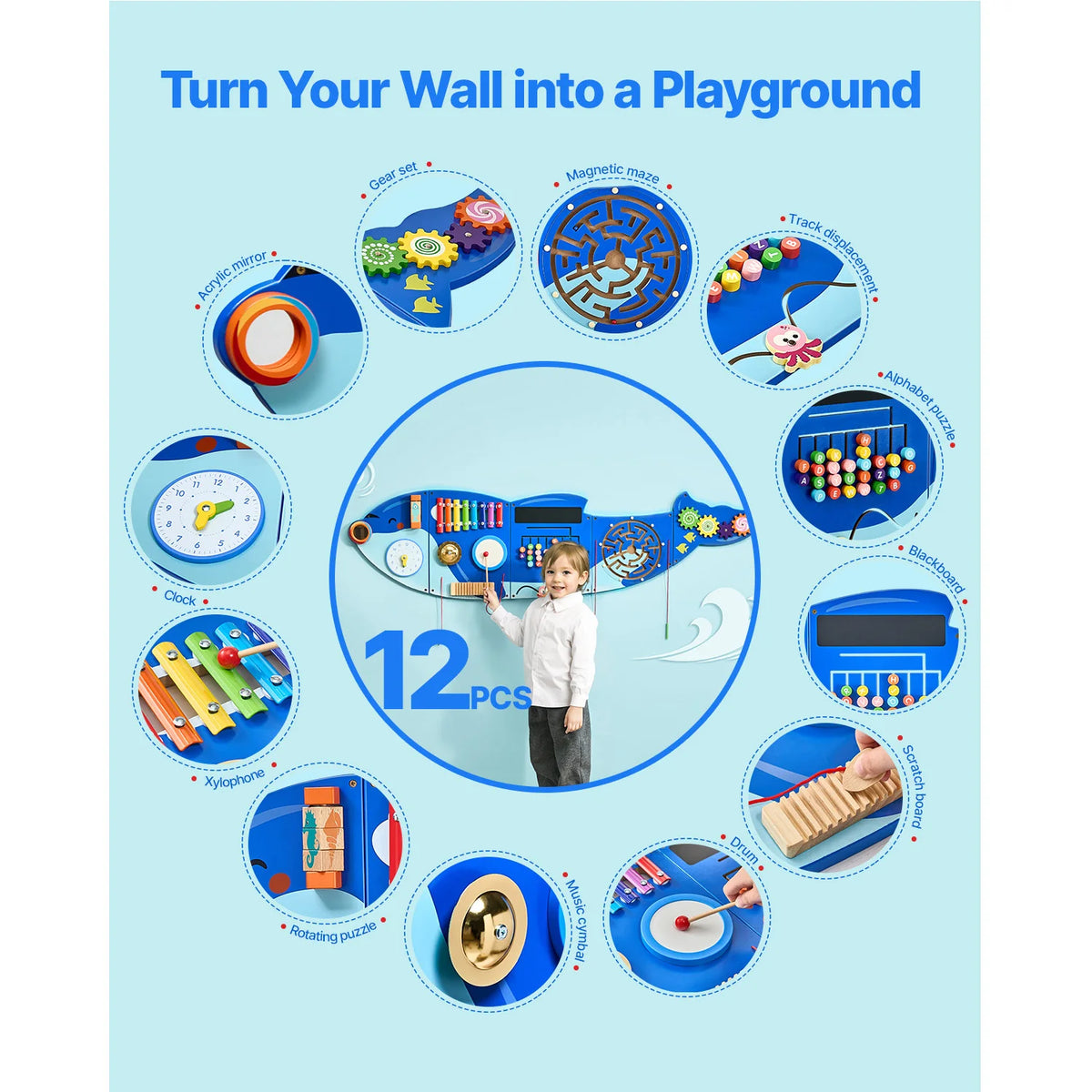SucceBuy Orca Montessori Wall Panel With 12 Sensory Learning Activities