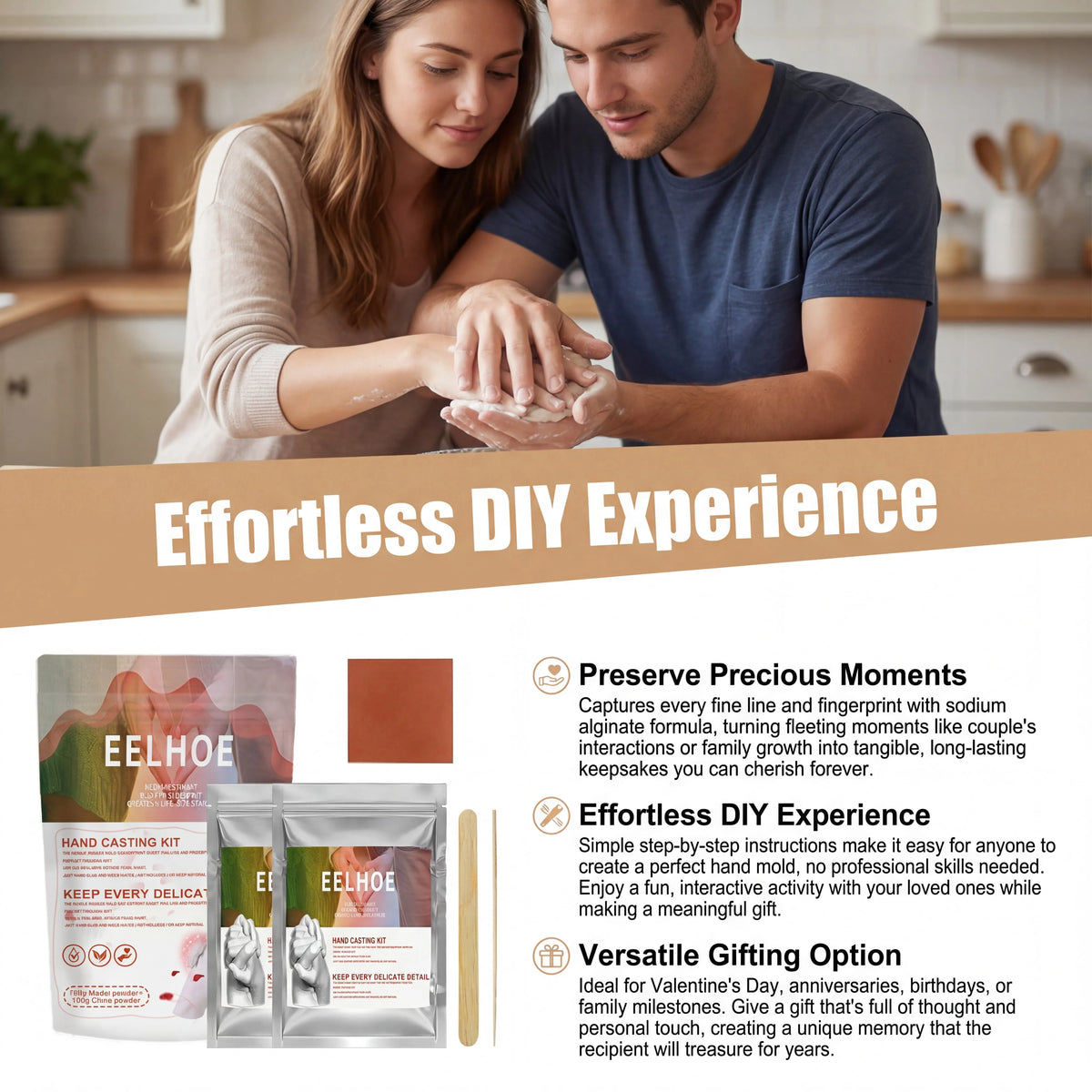 DIY Hand Mold Casting Kit For Couples 3D Hand Holding Sculpture Alginate Impression Powder Footprint Handprint Keepsake Anniversary Valentine's Day Gift Family Craft Activity