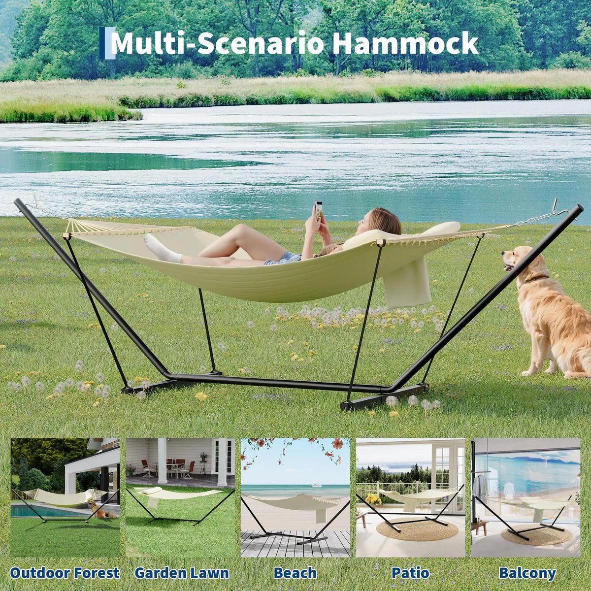 Freestanding Double Hammock With Steel Stand For Patio And Garden