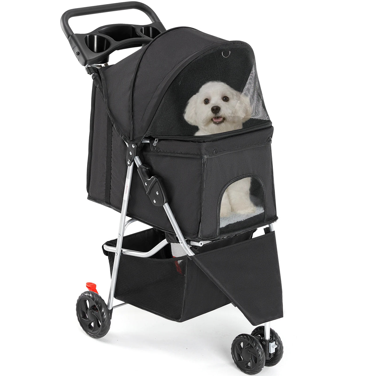 Three Wheel Foldable Pet Stroller With Mesh Windows And Basket