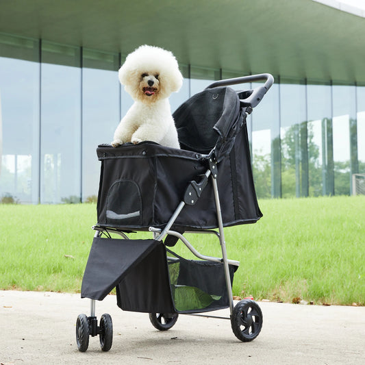 Three Wheel Foldable Pet Stroller With Mesh Windows And Basket