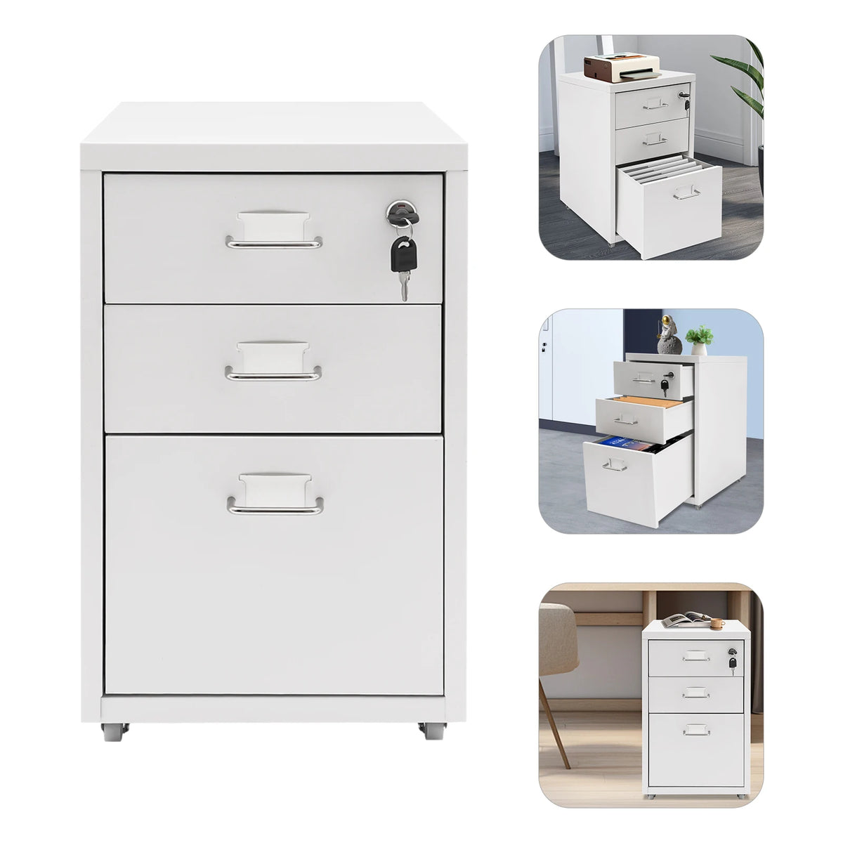 Three Tier Steel Mobile Filing Cabinet With Lock For Office