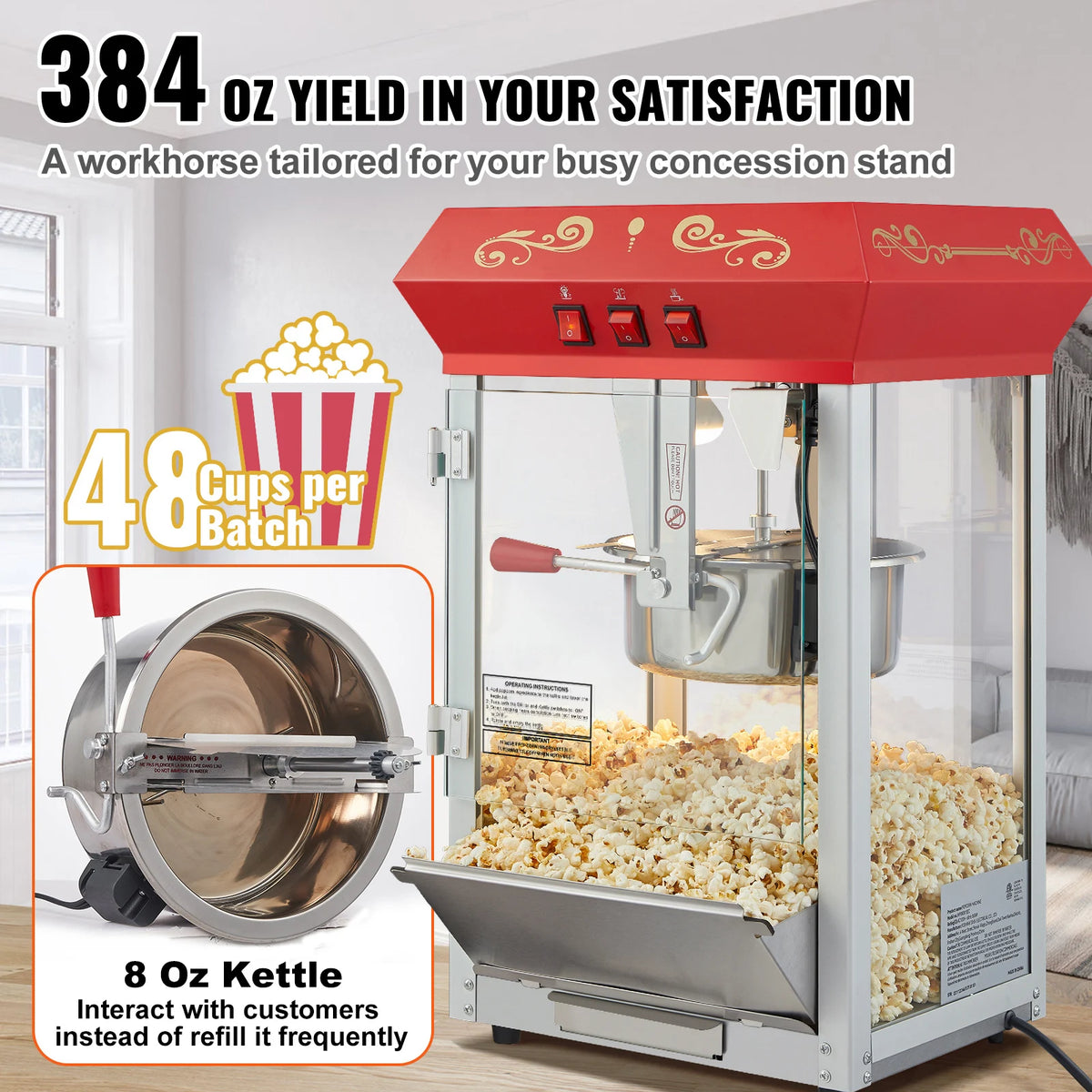 SucceBuy Commercial Countertop Popcorn Maker With Tempered Glass Kettle