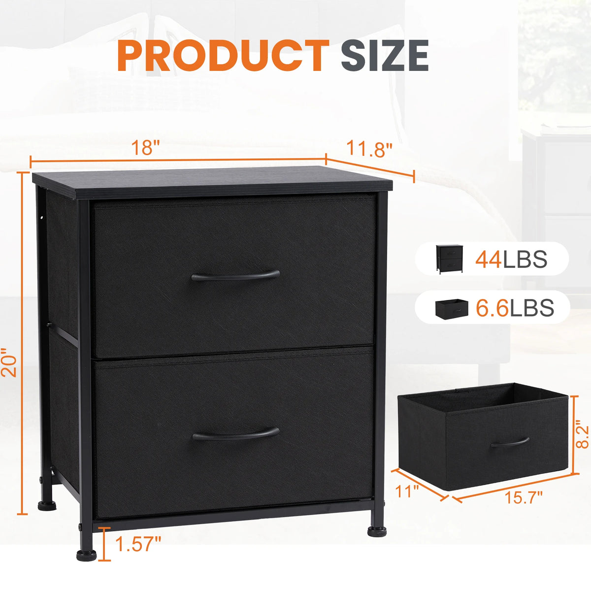 JHK Modern Metal Nightstand Cabinet With Fabric Drawer Storage