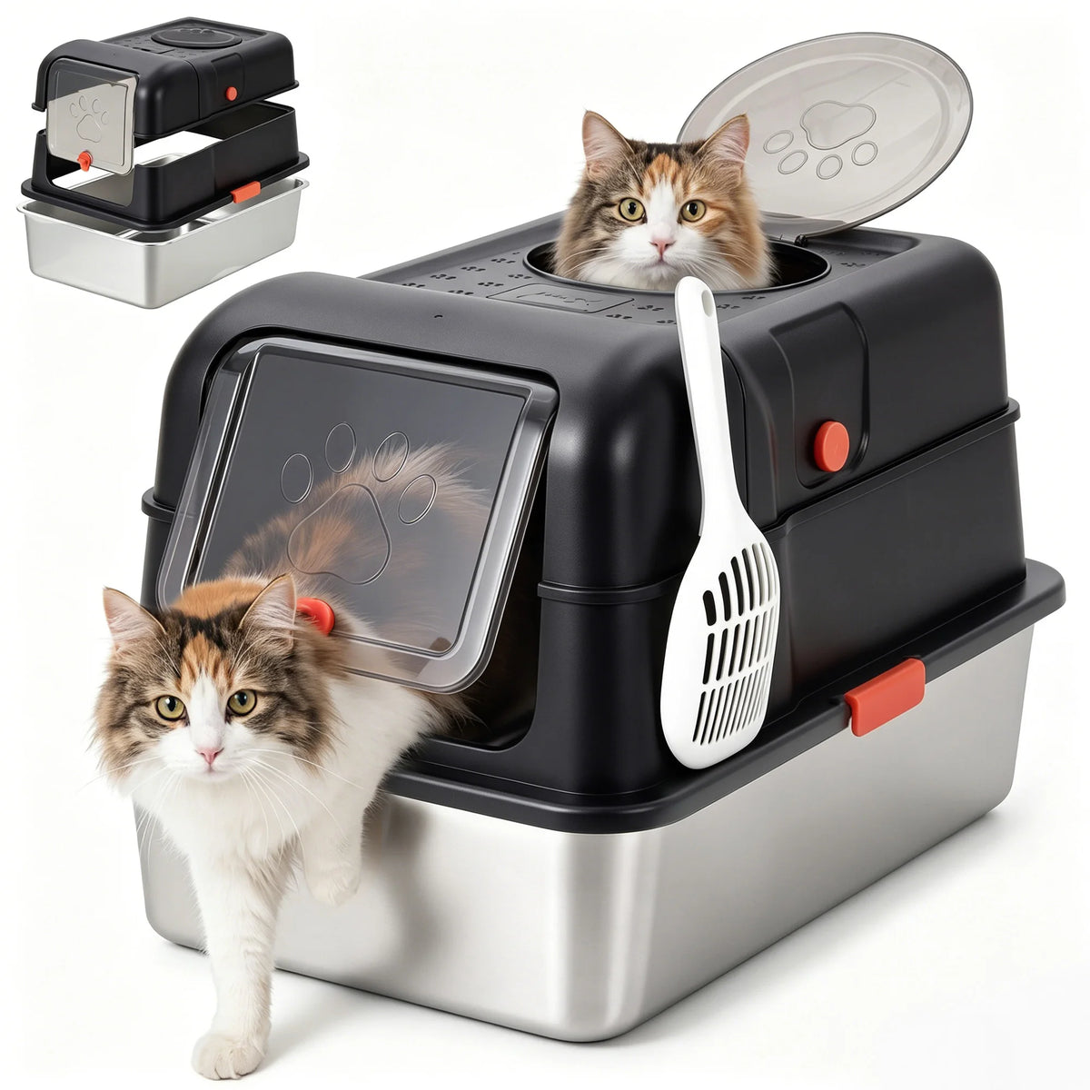 HiMISS Stainless Steel Enclosed Cat Litter Box With Scoop