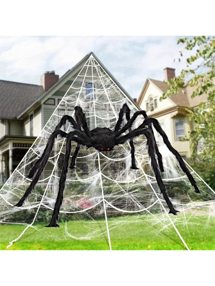 Giant Halloween Spider And Stretchy Outdoor Web Decoration Set
