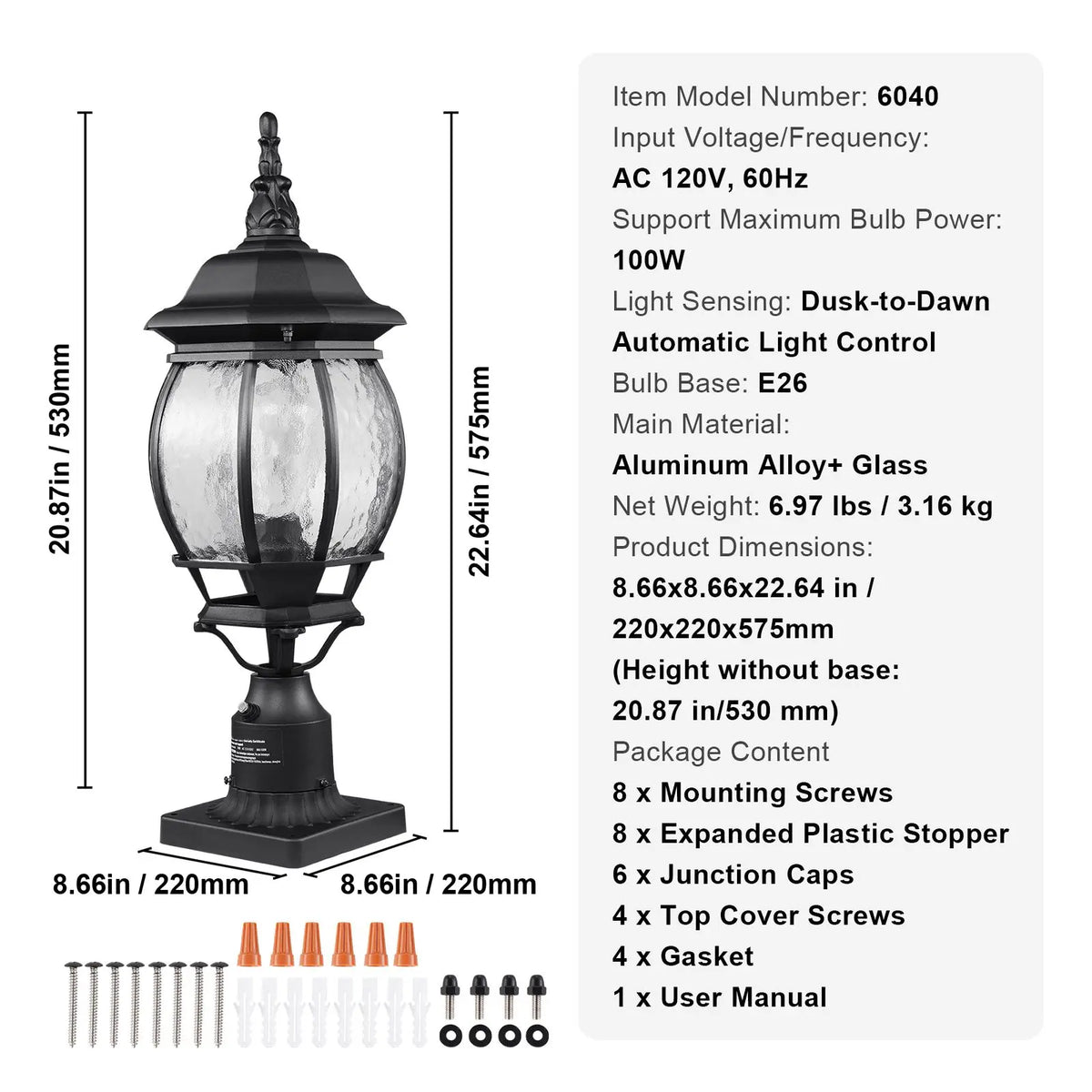 Dusk To Dawn Outdoor Post Light Fixtures With Glass Shade For Patios