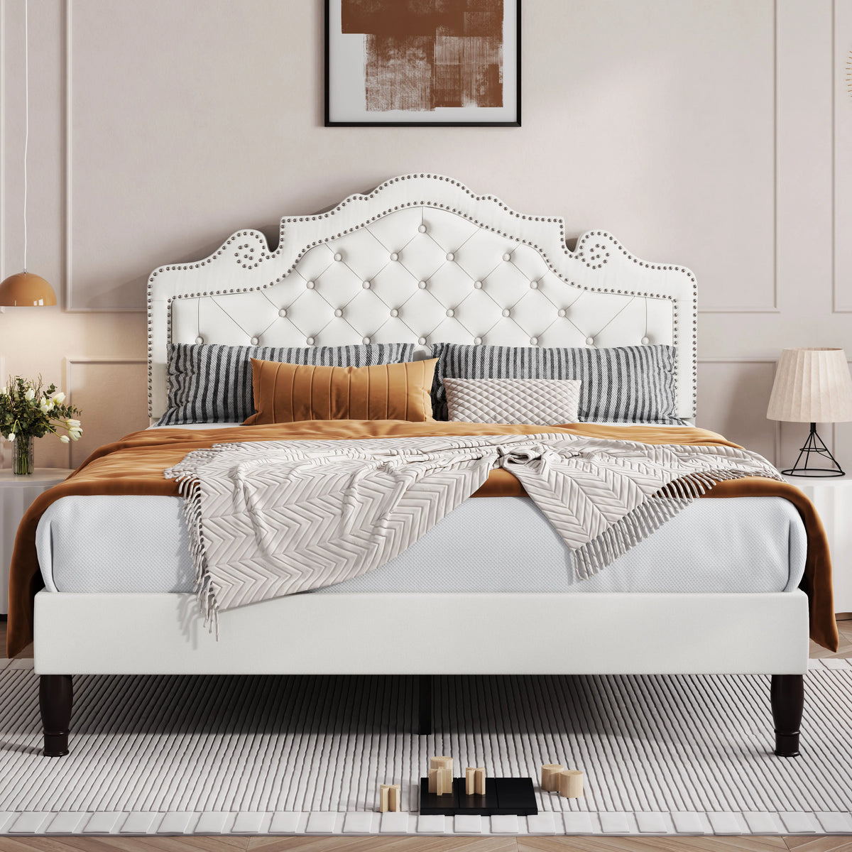 HOOMIC Velvet Tiara Platform Bed With Diamond Tufted Headboard