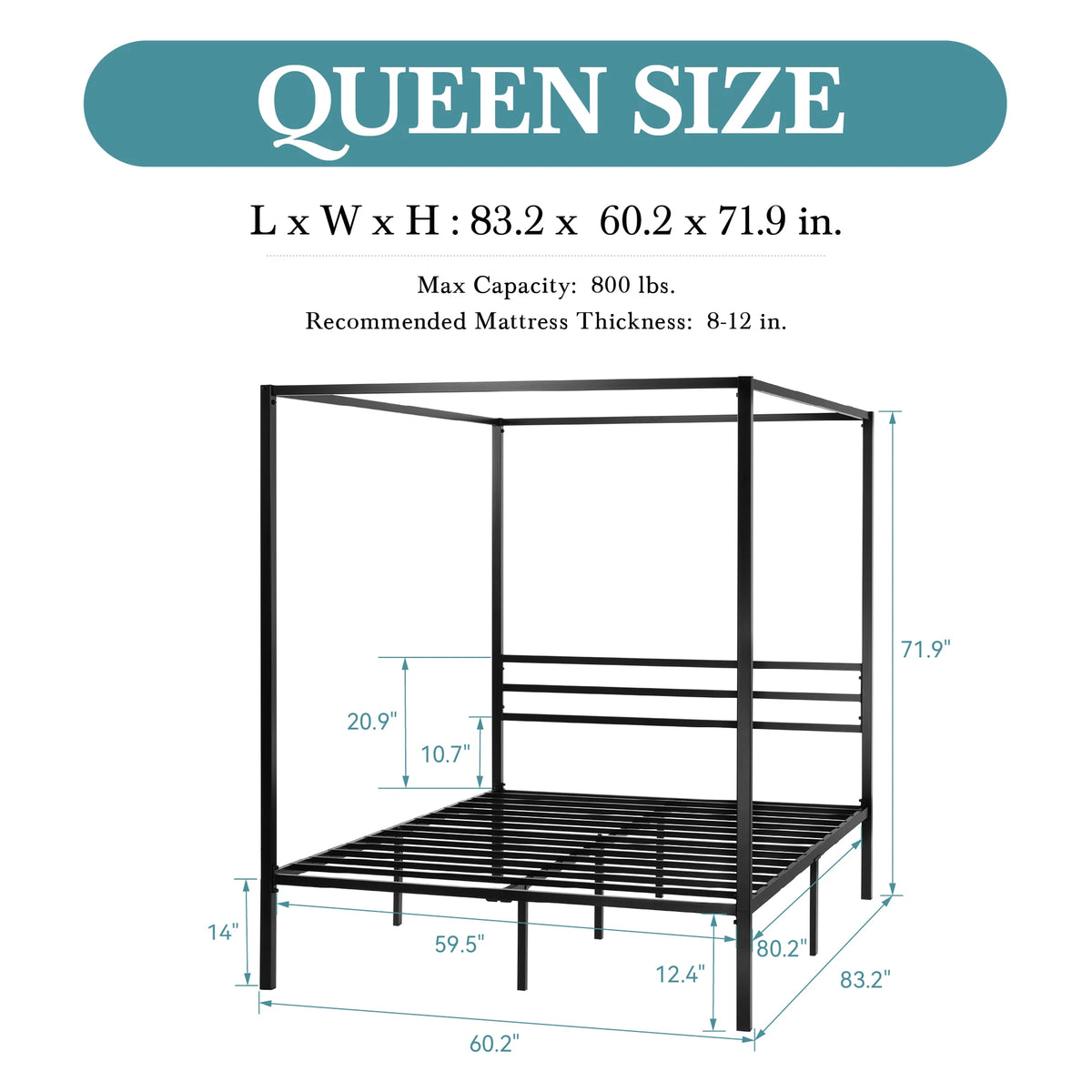 Hoomic Modern Metal Four Poster Bed Frame With Headboard
