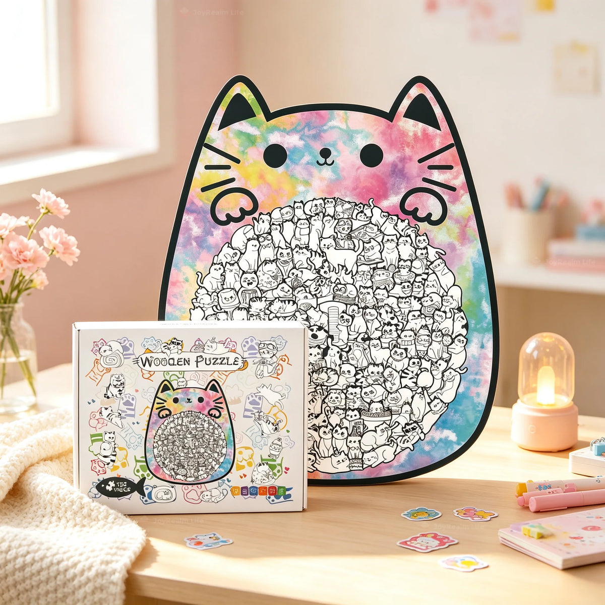 Cute Cat Wooden Puzzle Brain Teaser Desk Toy For Adults