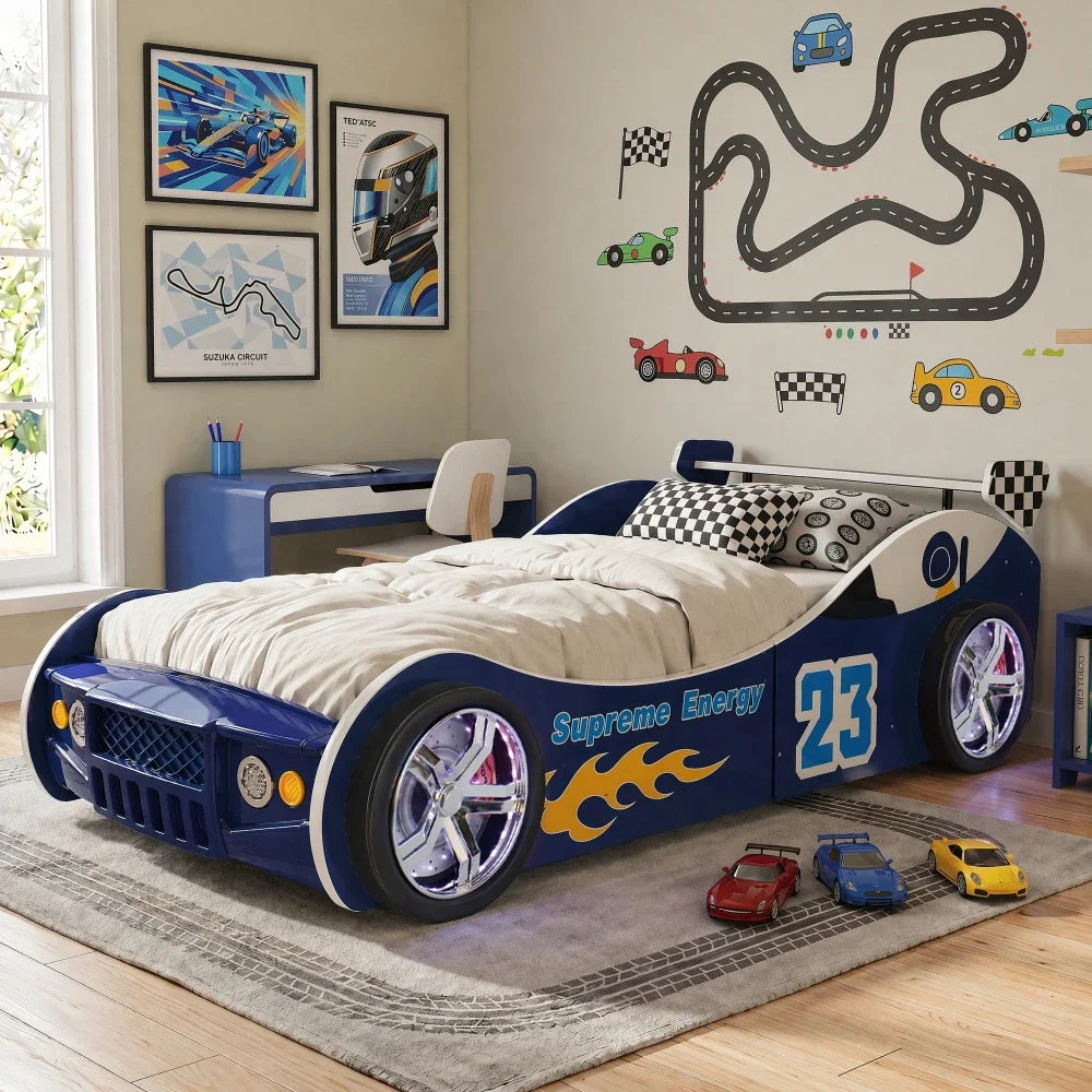 Children Racing Style Car Bed Frame Featuring Luminous Wheels