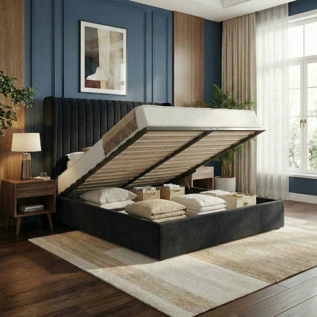 Hoomic Upholstered Hydraulic Lift Up Storage Platform Bed Frame