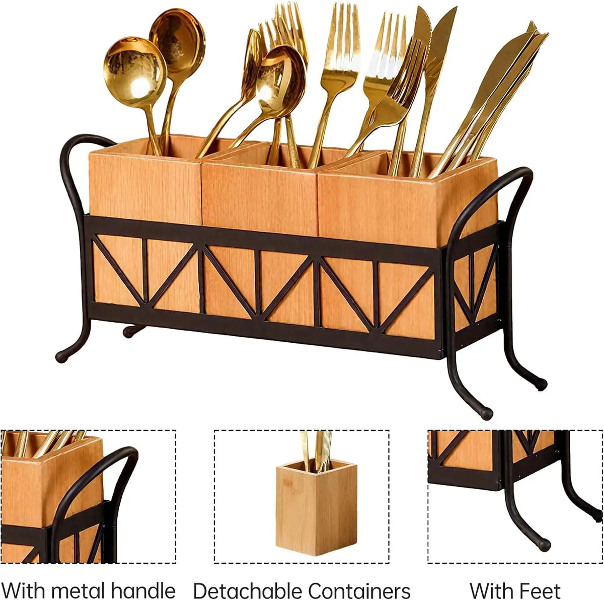 Garvee Home Acacia Wood Utensil Holder With Removable Compartments