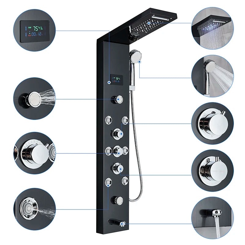 Shinesia LED Shower Panel With Digital Display Spa Massage Jets