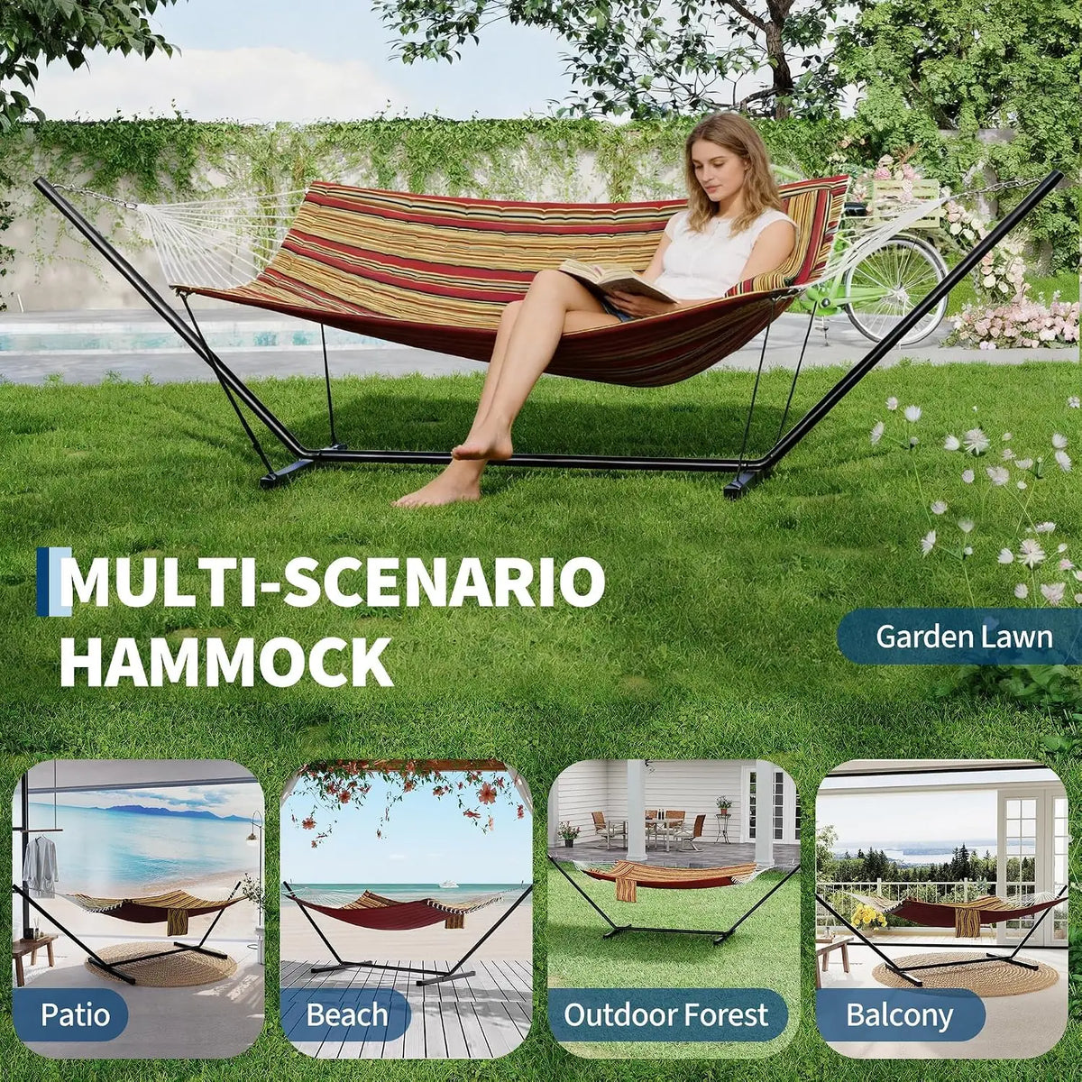 HiMISS Freestanding Double Hammock With Steel Stand For Garden Patio