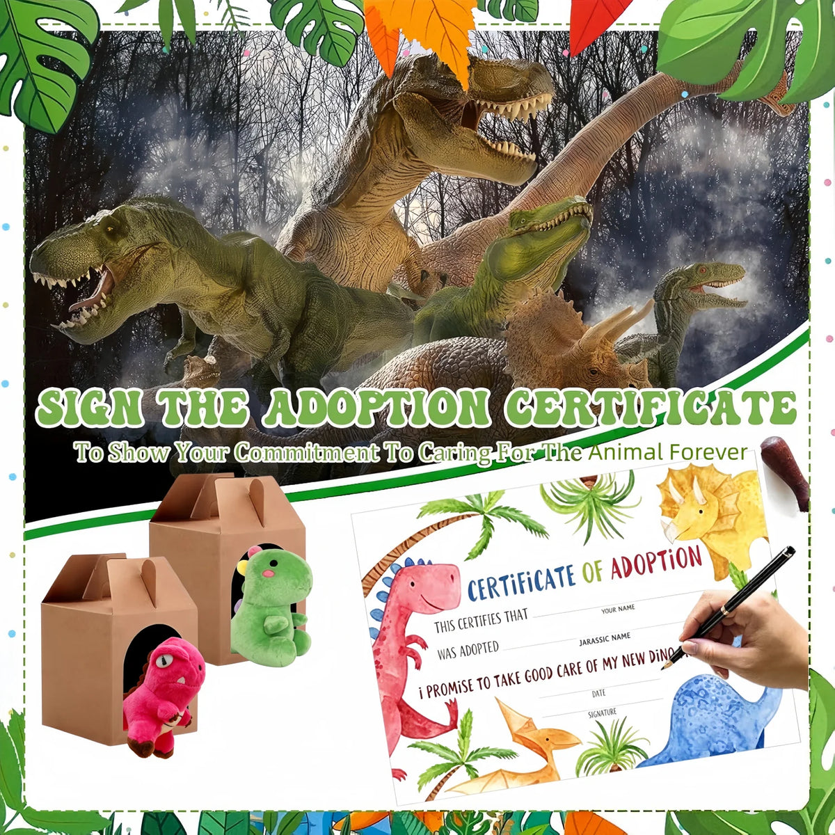 Dinosaur Stuffed Animal Party Favors With Adoption Card Birthday Gifts