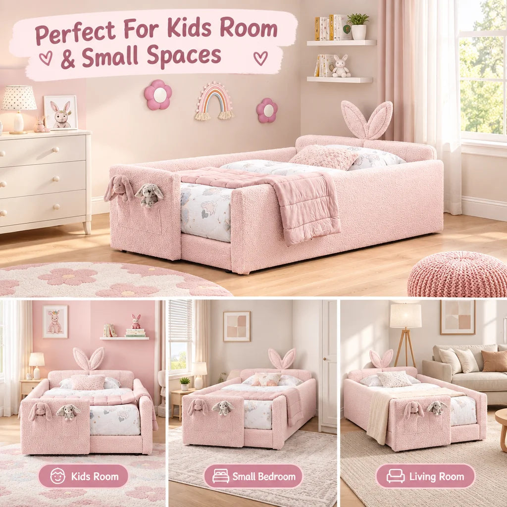Upholstered Platform Bed Featuring Rabbit Ear Headboard And Storage