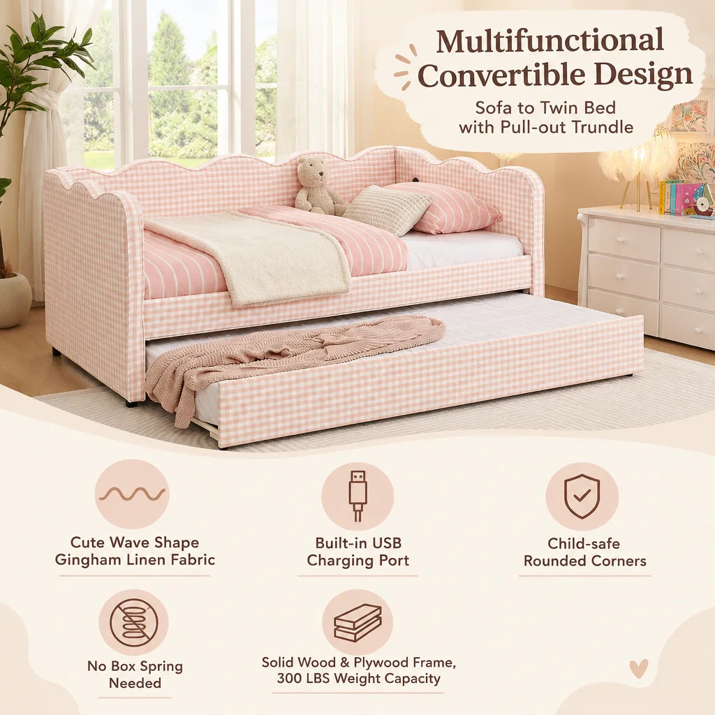 Upholstered Daybed With Pullout Trundle USB Charging Port
