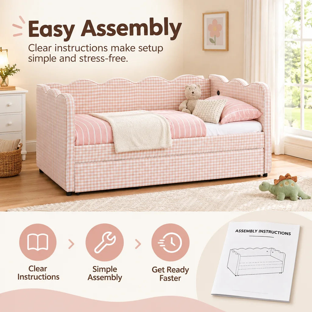 Upholstered Daybed With Pullout Trundle USB Charging Port