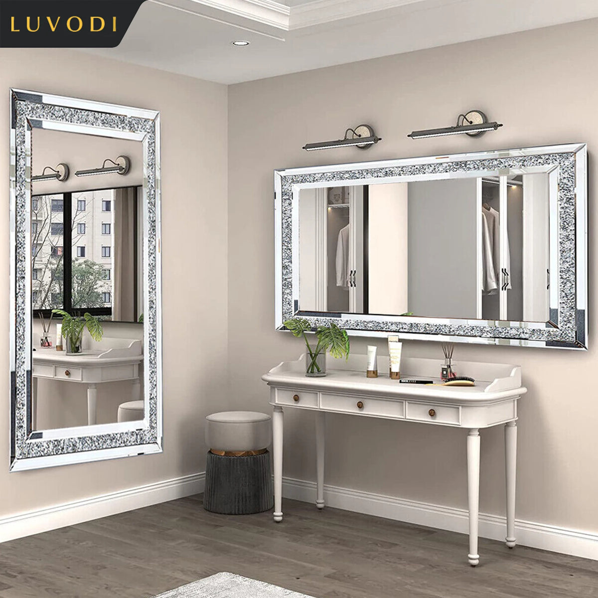 LUVODI Wall Mounted Vanity Mirror With Rhinestone Crystal Decor