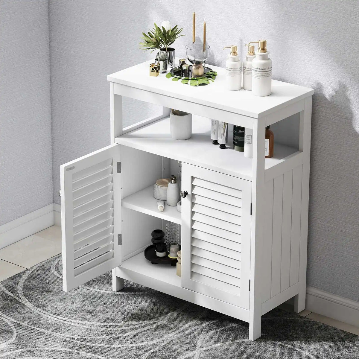 Modern Solid Wood Bathroom Storage Cabinet With Shutter Doors