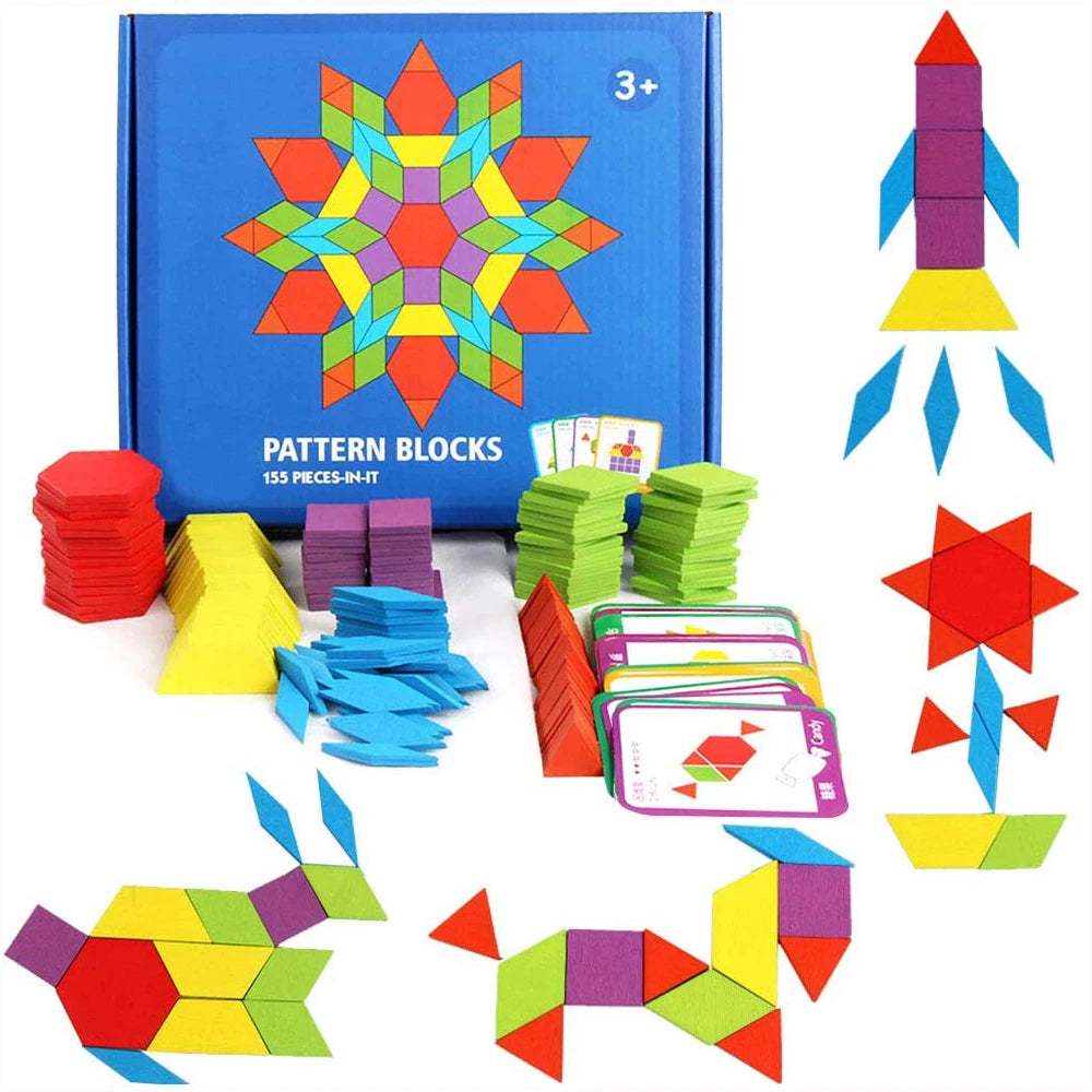 Wooden Geometric Pattern Blocks Puzzle Set for Montessori Learning