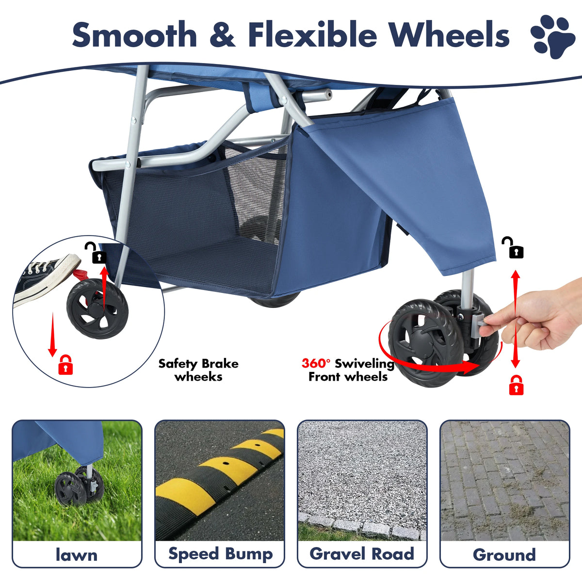 Three Wheel Foldable Pet Stroller With Mesh Windows And Basket