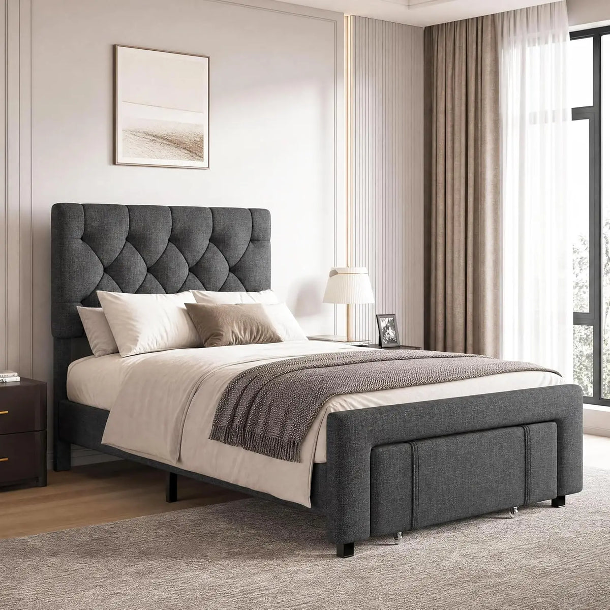 HiMISS Upholstered Platform Bed Frame With Storage Drawers And Headboard