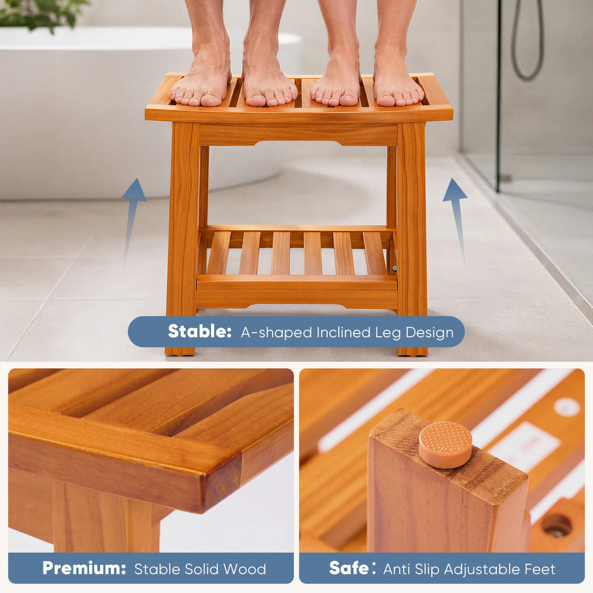 JHK Wooden Shower Bench With Storage Shelf And Handles