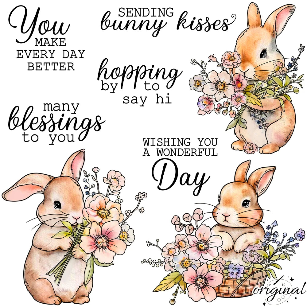 Flowers And Bunny Rabbits Stamp And Cutting Die Set for Scrapbooking