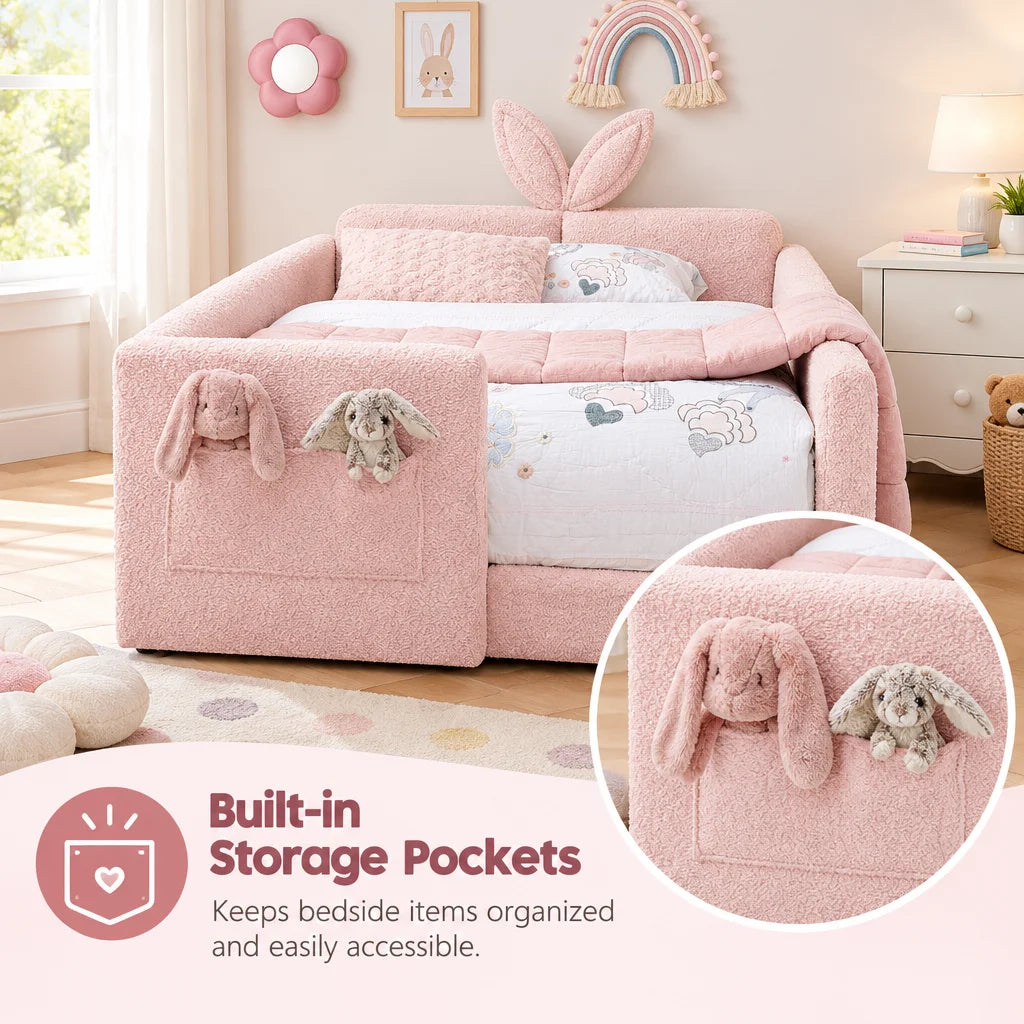 Upholstered Platform Bed Featuring Rabbit Ear Headboard And Storage