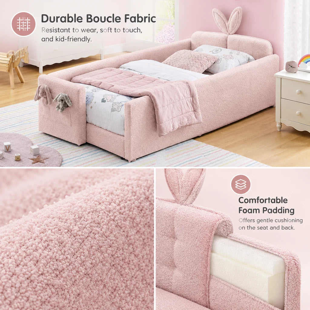 Upholstered Platform Bed Featuring Rabbit Ear Headboard And Storage