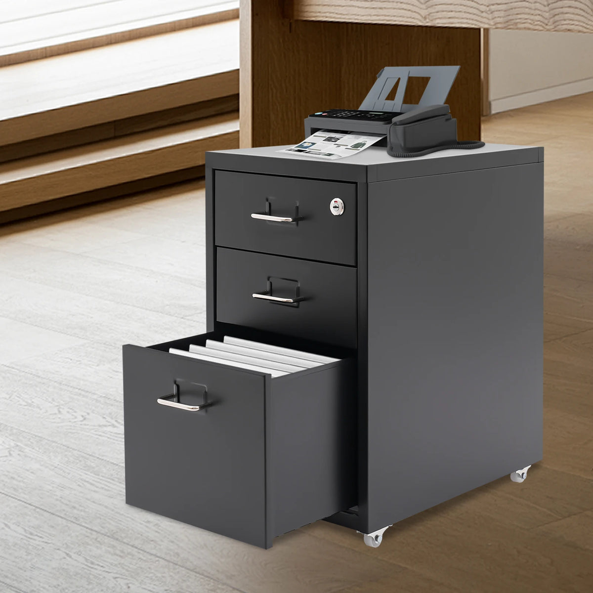 Three Tier Steel Mobile Filing Cabinet With Lock For Office