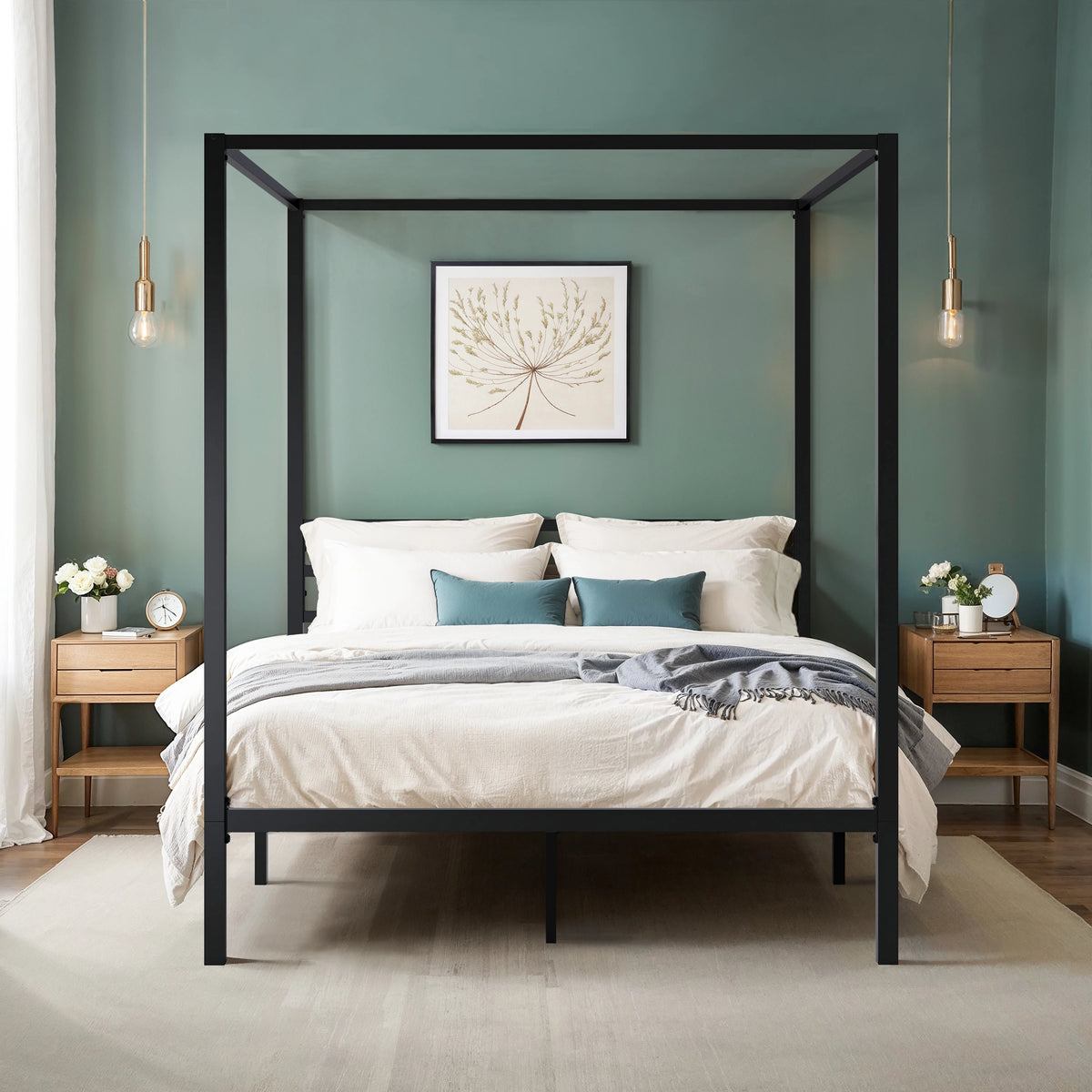 Hoomic Modern Metal Four Poster Bed Frame With Headboard