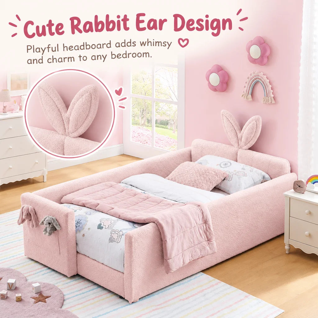 Upholstered Platform Bed Featuring Rabbit Ear Headboard And Storage