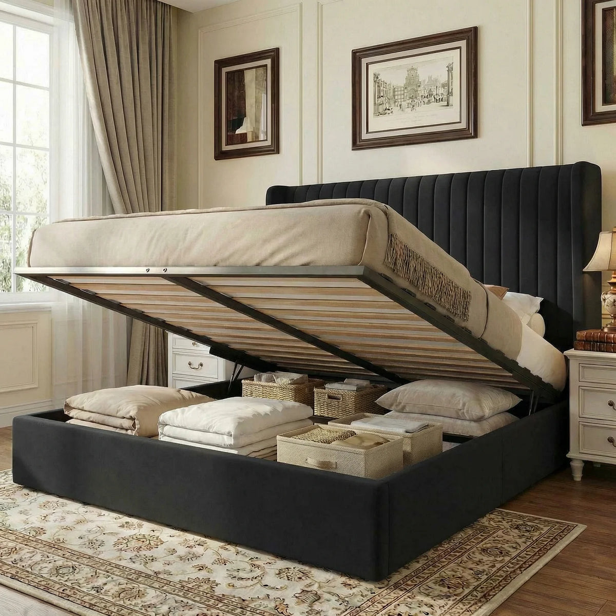 Hoomic Upholstered Hydraulic Lift Up Storage Platform Bed Frame